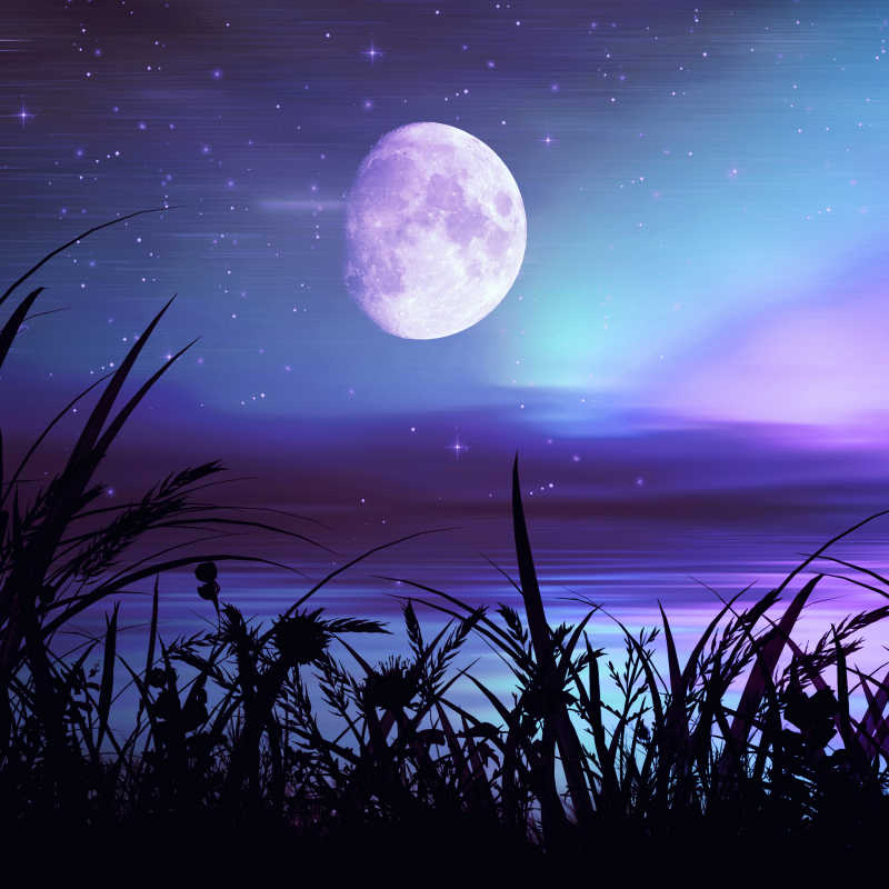 梦幻紫色的有圆月的江边