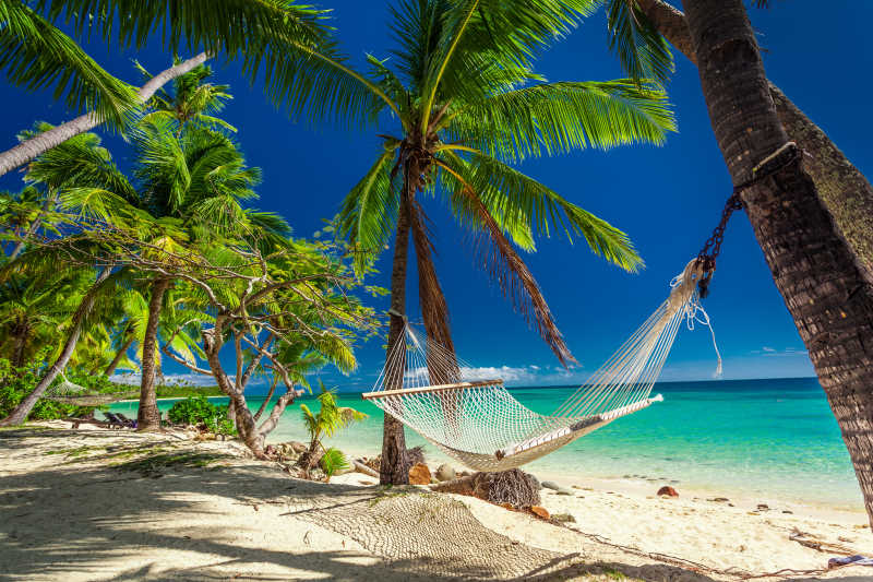美丽的海滩上吊在椰树间的吊床