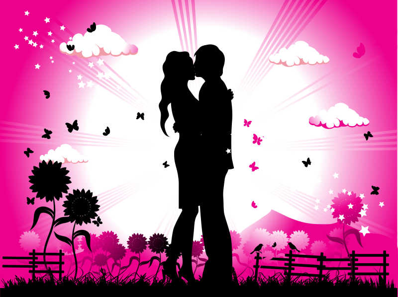 粉色背景下接吻的情侣剪影