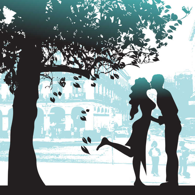 树下接吻的情侣剪影