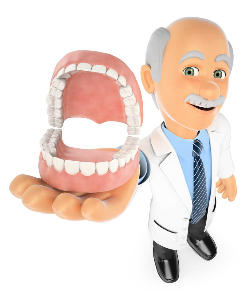 白色背景下显示义齿的3D牙科医生
