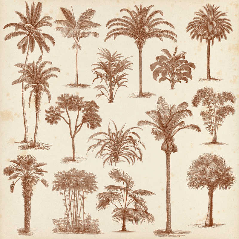 老式手绘棕榈树和灌木丛树