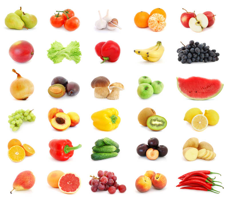 白色背景下各种新鲜的水果和蔬菜