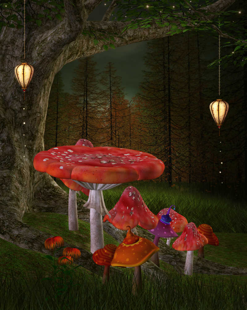 卡通背景下神秘的森林和蘑菇