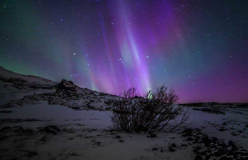 夜间紫色北极光