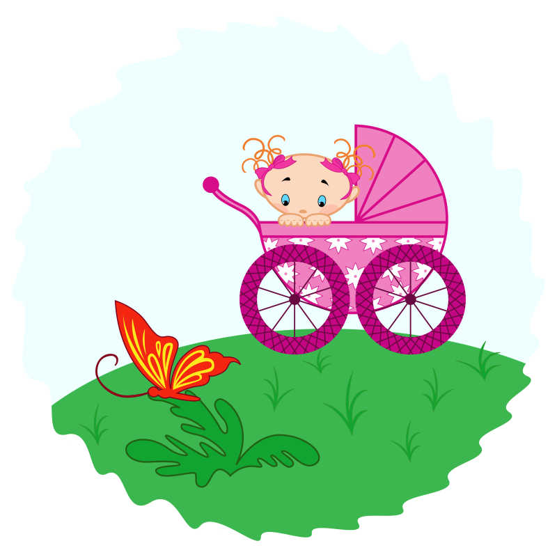 草地上粉红色婴儿车里的婴儿在看蝴蝶卡通手绘插图
