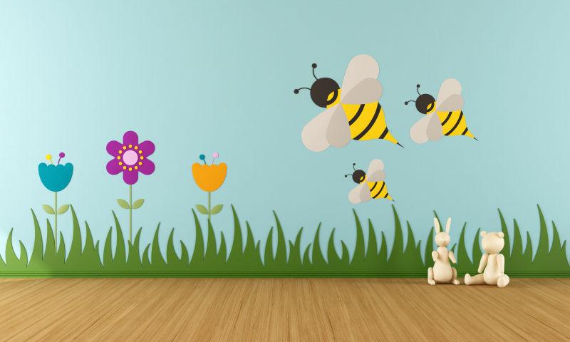 室内墙壁上画着小蜜蜂和花卉小草