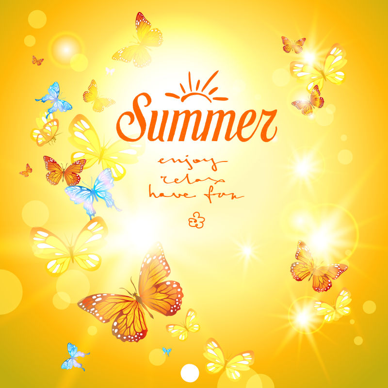 有阳光和蝴蝶的矢量夏日背景