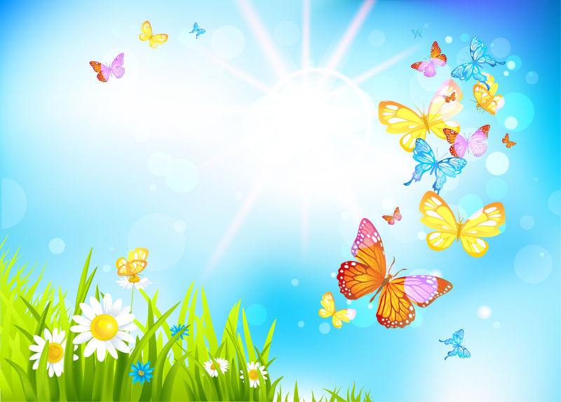 花卉和蝴蝶元素的矢量夏日背景