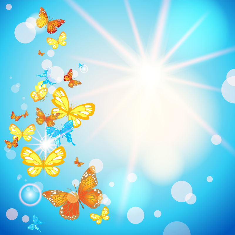 蓝天有蝴蝶元素的矢量夏日背景