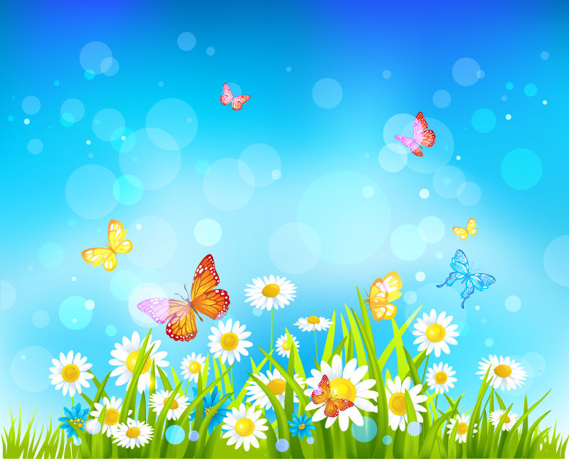 蓝天背景上有小花蝴蝶的矢量夏日背景