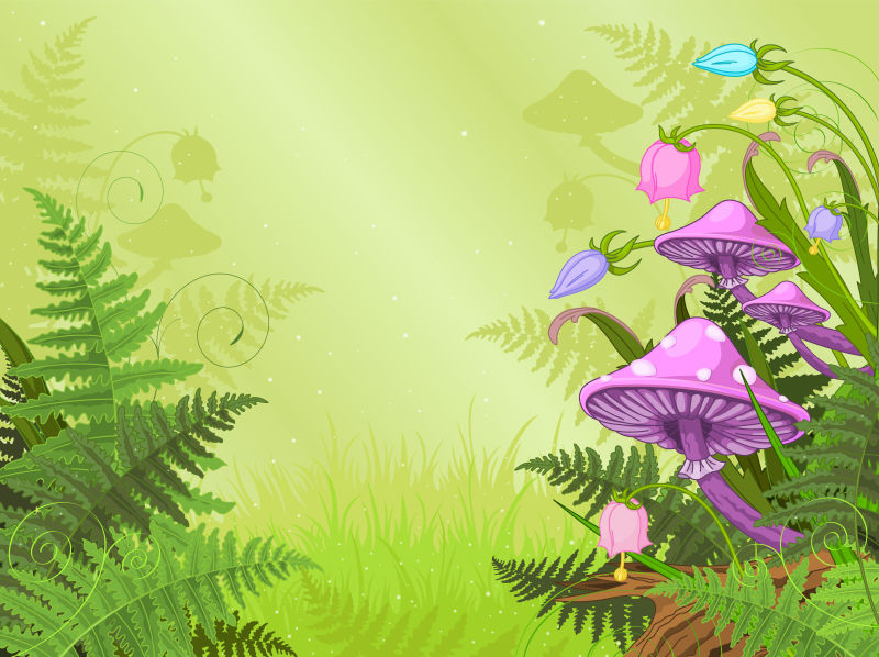 有卡通紫色蘑菇的矢量森林背景