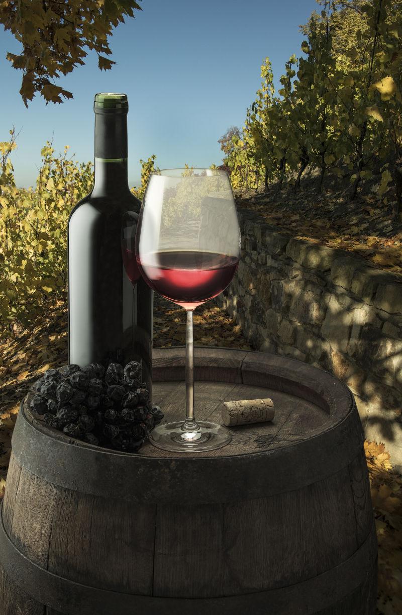 葡萄园木桶上的葡萄与葡萄酒