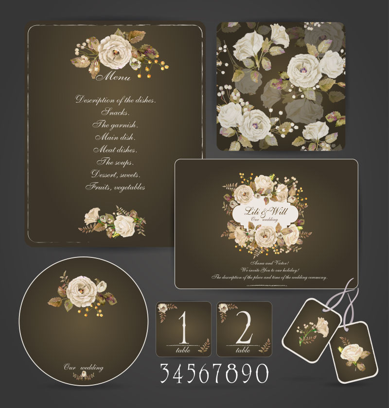 米色玫瑰装饰的矢量婚礼卡片设计