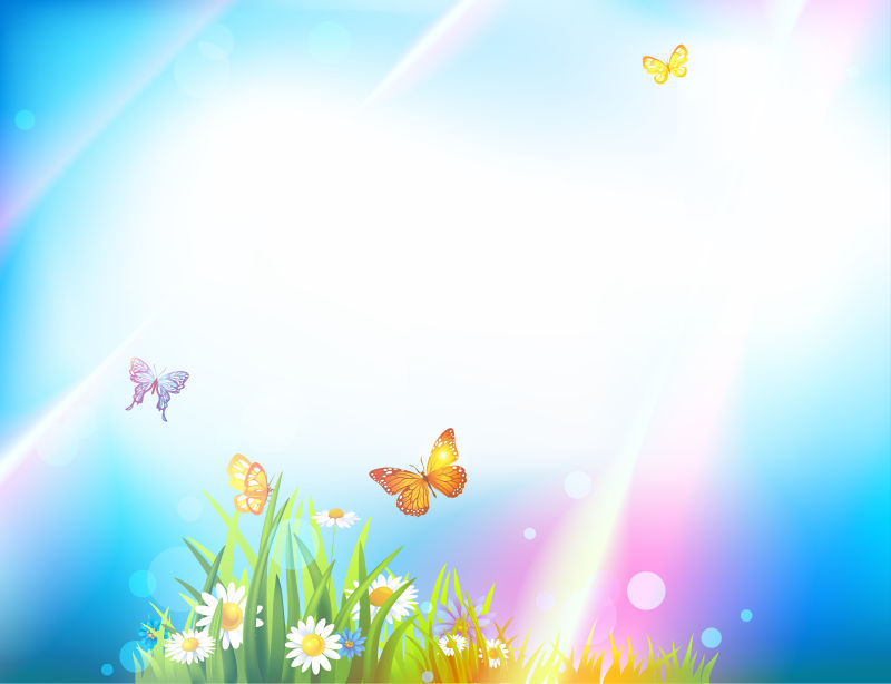 阳光下的鲜花和蝴蝶矢量背景