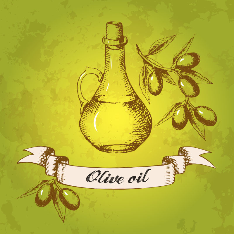 绿色背景下的手绘橄榄油插图