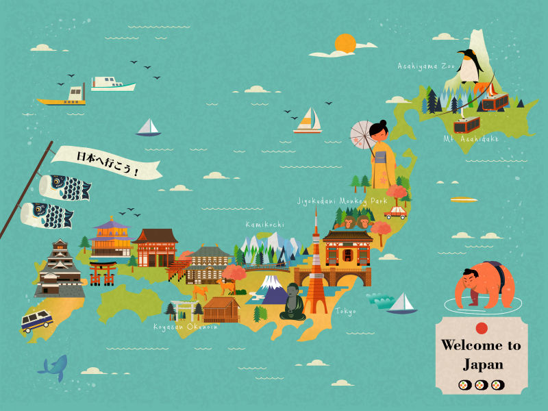 矢量卡通创意日本传统风格的旅游地图设计