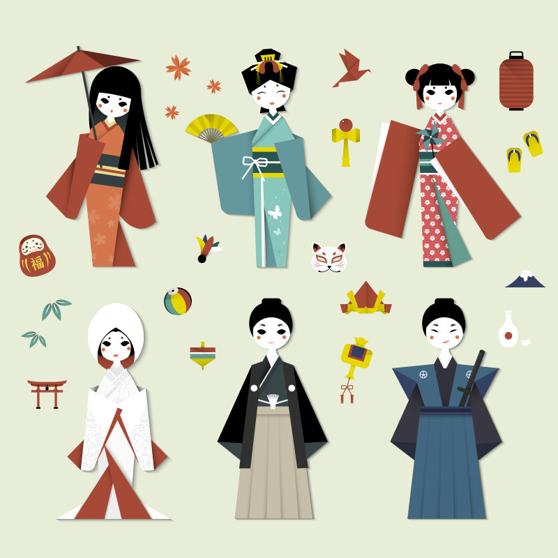 创意矢量日本传统风格的折纸人物