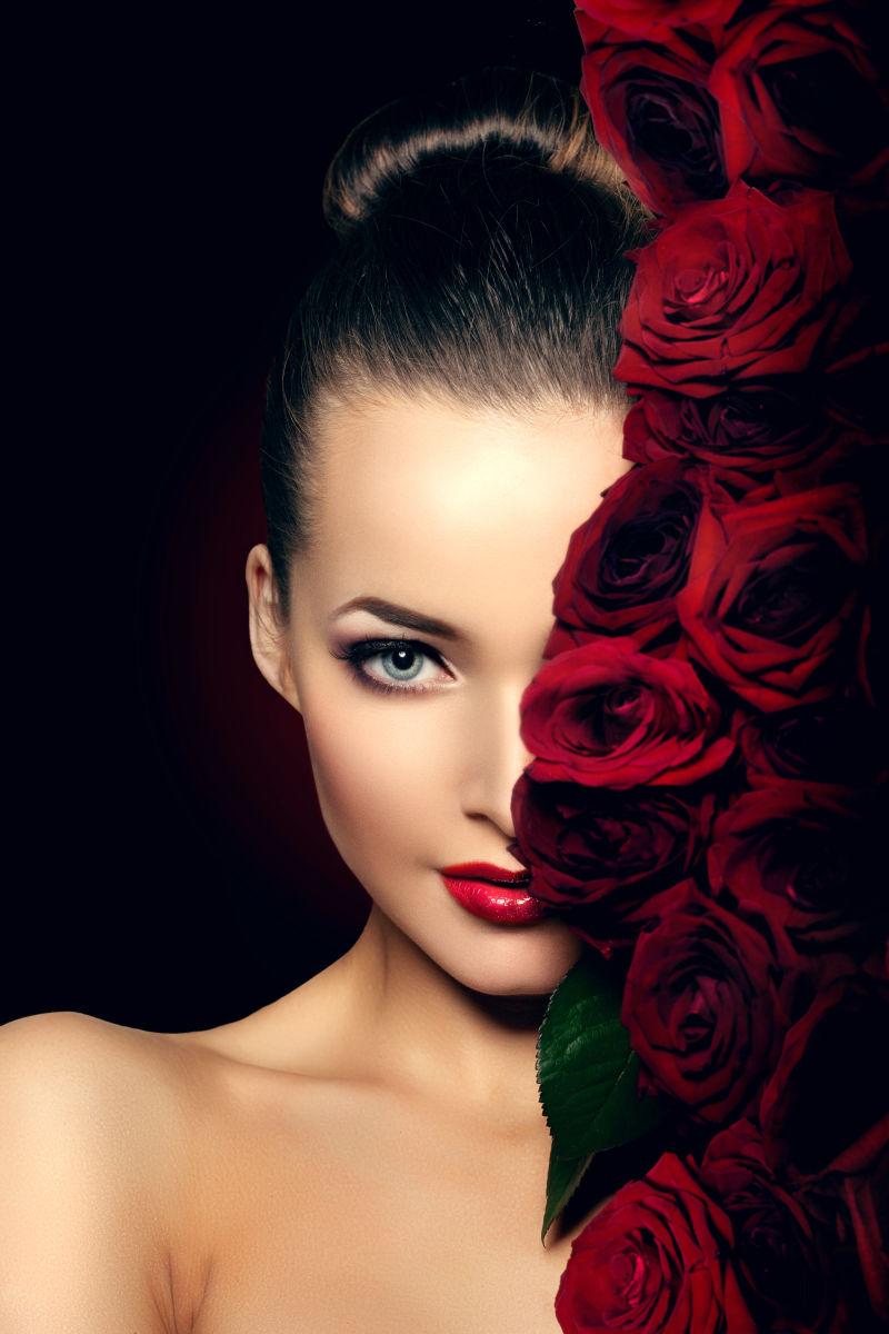美丽模特女玫瑰花在美容美发化妆