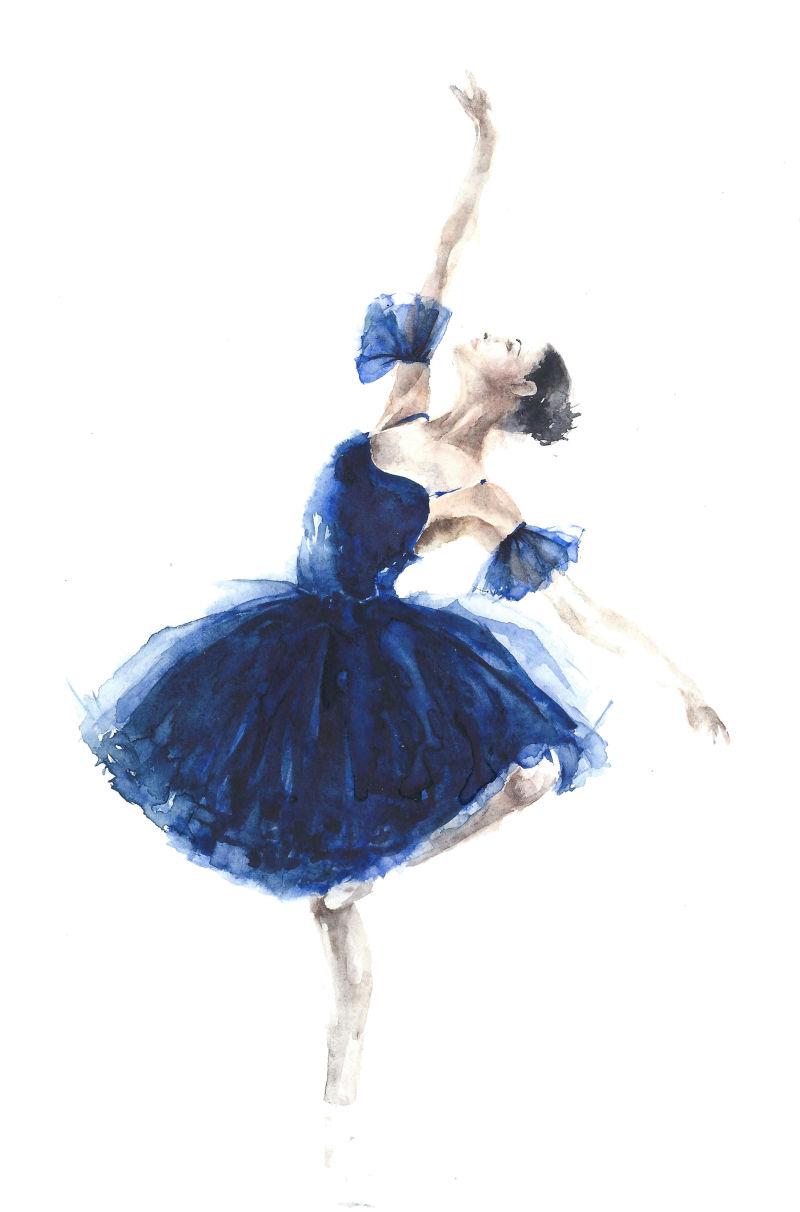白色背景下穿着蓝色裙子的芭蕾舞女孩水彩画