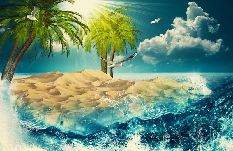 虚幻背景下的海滩上的棕榈树