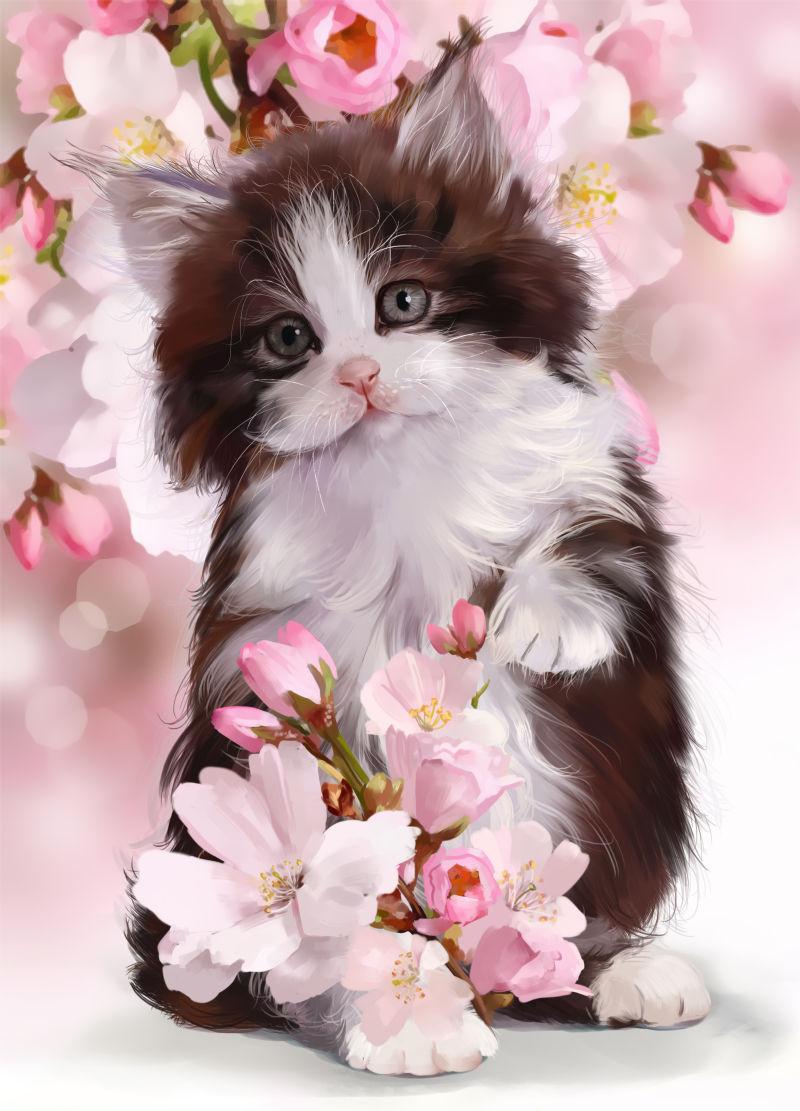 粉色花瓣间可爱的小奶猫