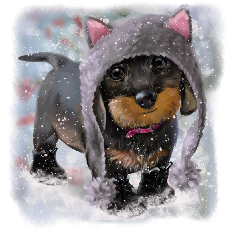 雪天带着帽子的可爱水彩小狗