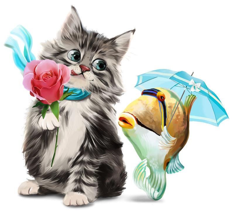 可爱的水彩小猫和鱼
