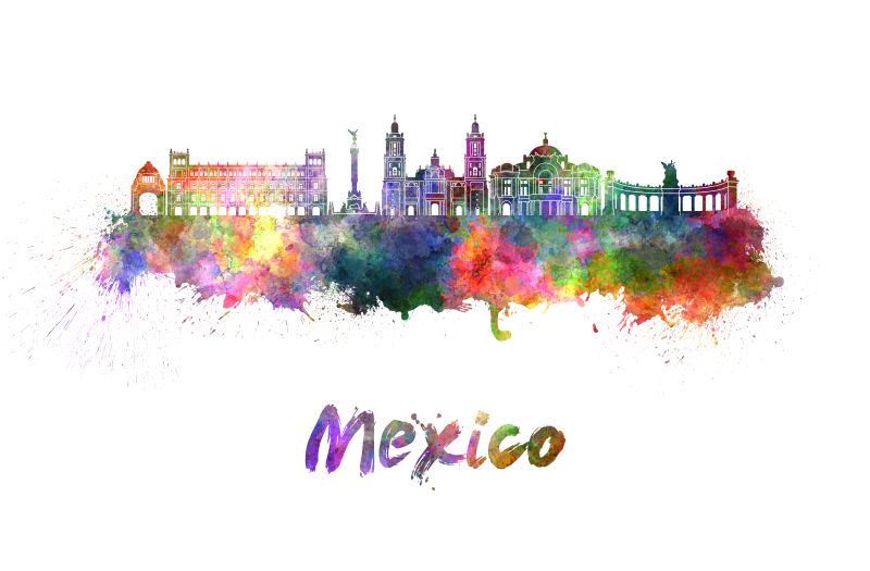 墨西哥城天际线水彩画