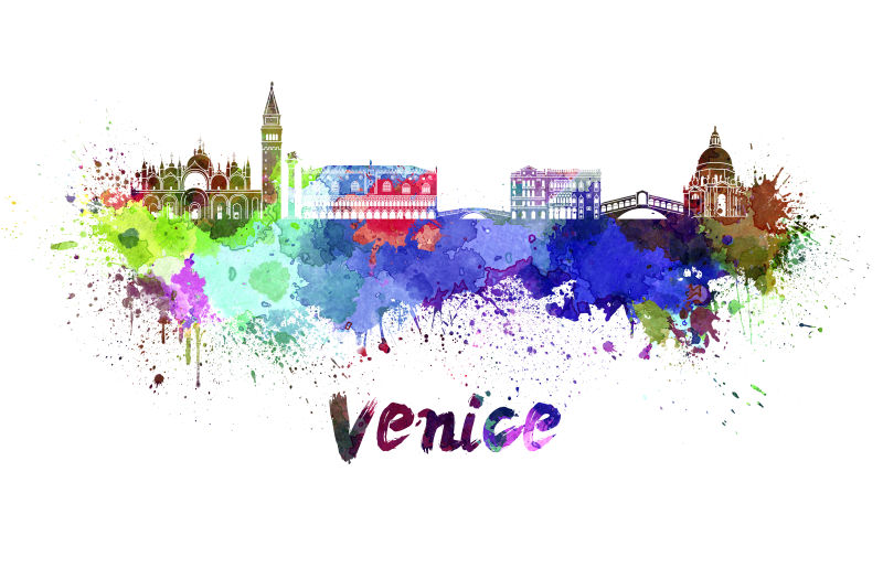 威尼斯城市天际线水彩画
