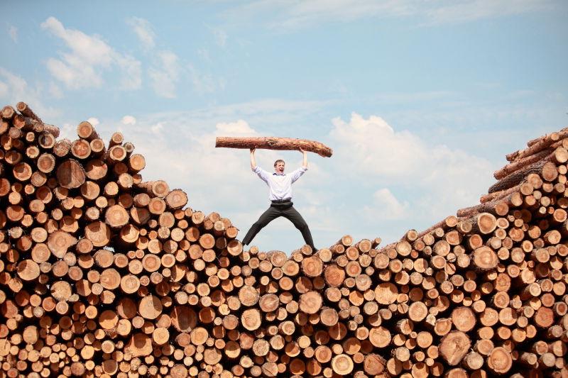 商人在木材堆上举起一根木头