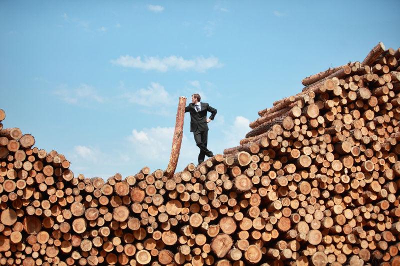 商人在木材堆上支起一根木头