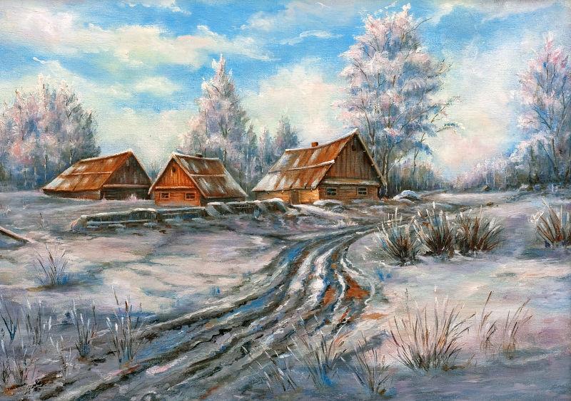 画布上的冬季乡村景观油画