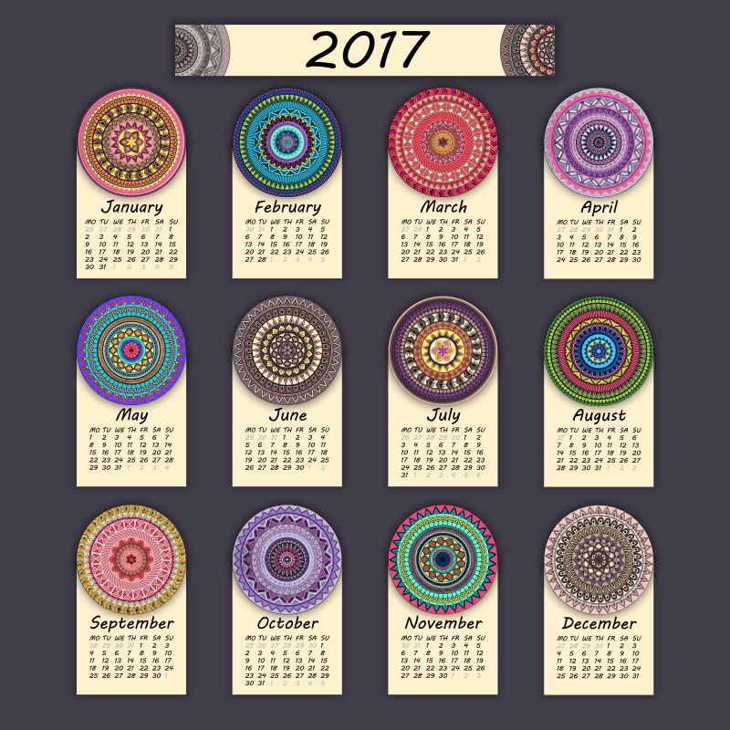 复古花纹的矢量2017年日历设计