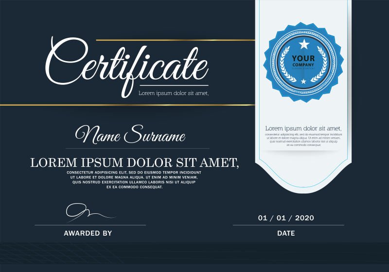 豪华的深蓝色荣誉证书矢量设计