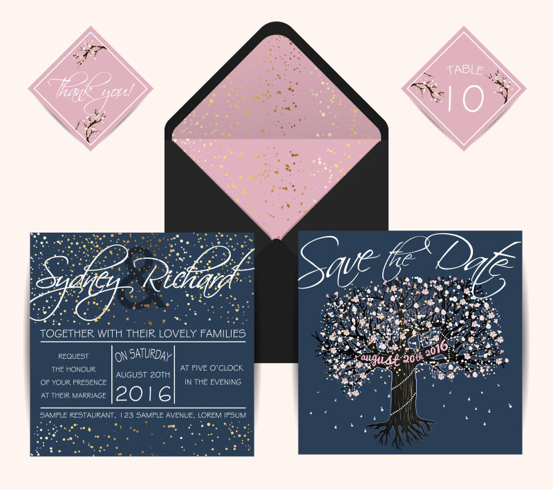 粉色花树装饰的矢量婚礼卡片设计