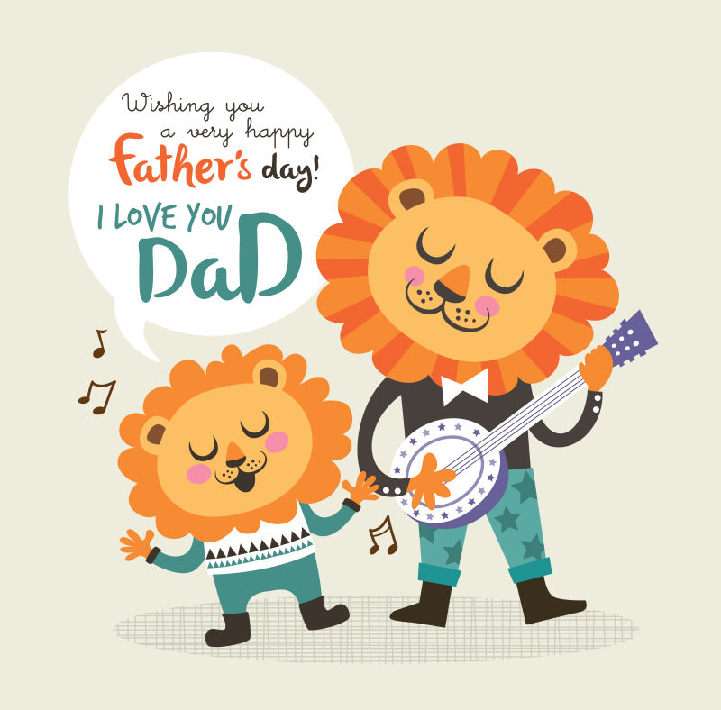 矢量卡通可爱的狮子宝宝和父亲