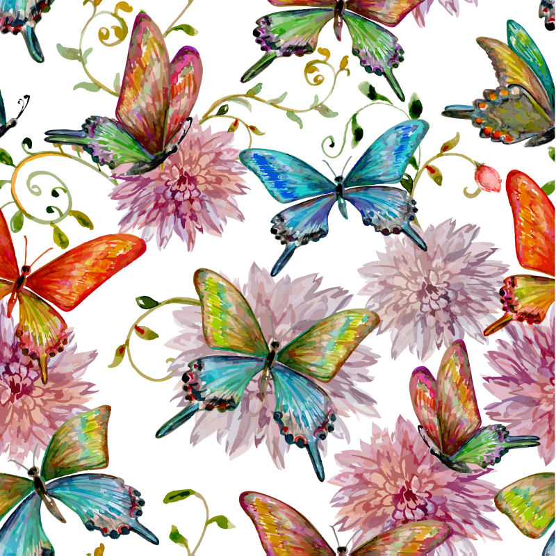矢量水彩风格的蝴蝶和花卉的无缝背景
