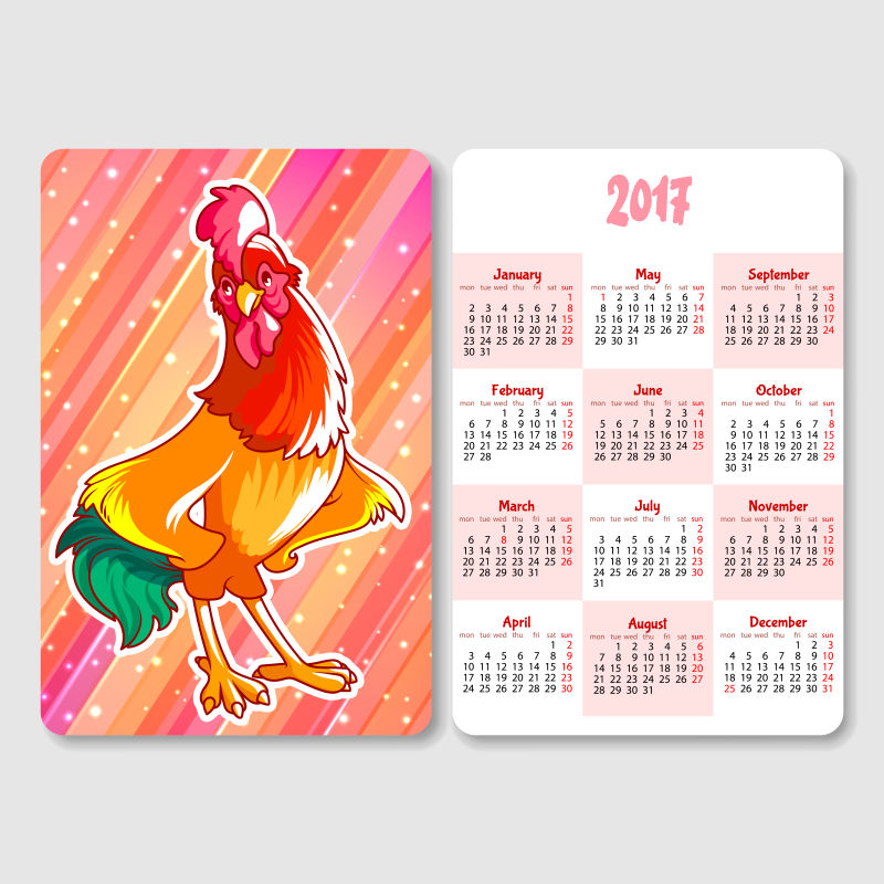 公鸡图案的矢量日历设计