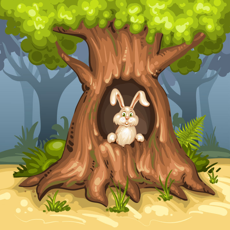 创意矢量卡通树洞里的兔子