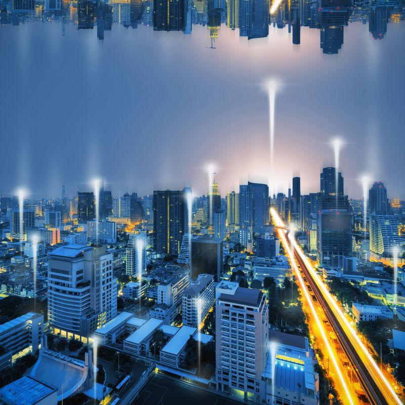 城市夜景和网络的连接概念