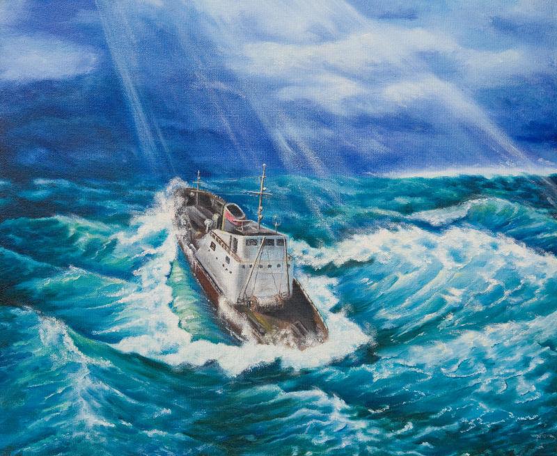 海浪中的轮船油画