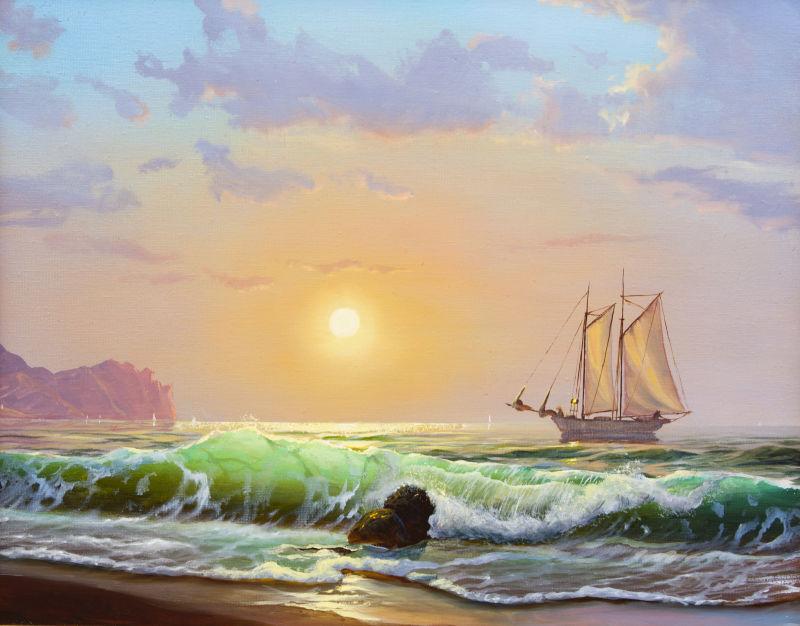 海上落日背景下的帆船油画