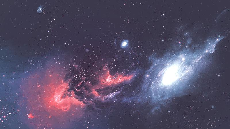 红色星云和白色星系的宇宙背景