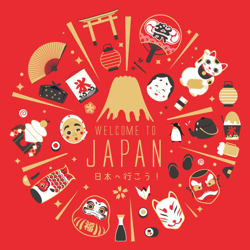 红色背景的日本旅行海报插图矢量设计
