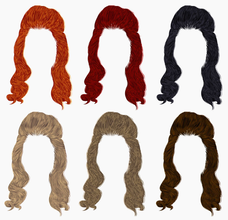 不同颜色的女性假发矢量插图