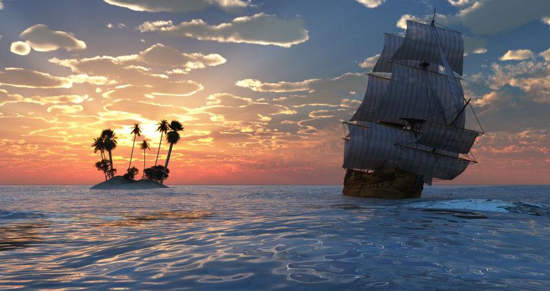 夕阳下的海面有一艘帆船和小岛