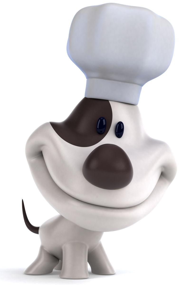 白色背景前的卡通小狗戴着厨师帽