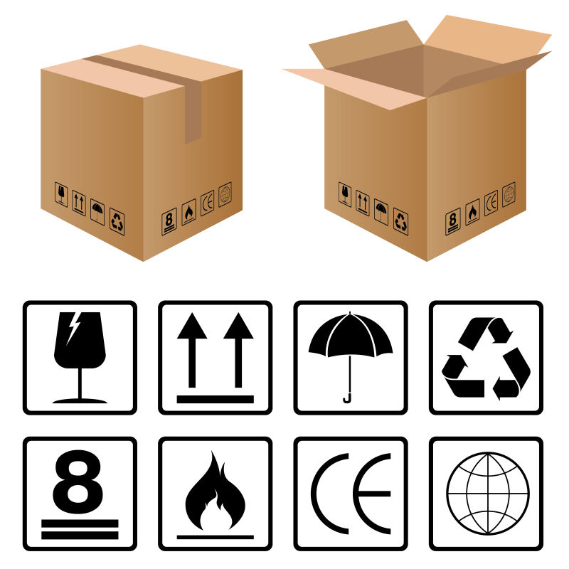纸箱和搬运警示标志矢量设计