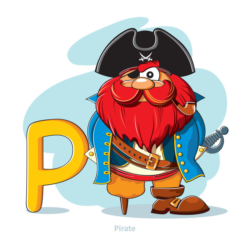 卡通字母P和海盗船长矢量插图